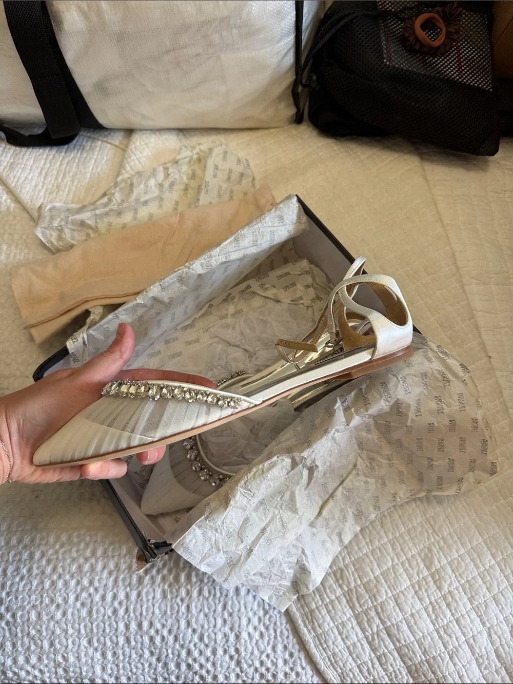 Badgley Mischka White Crystal-Embellished Pointed-Toe Slingback Flats